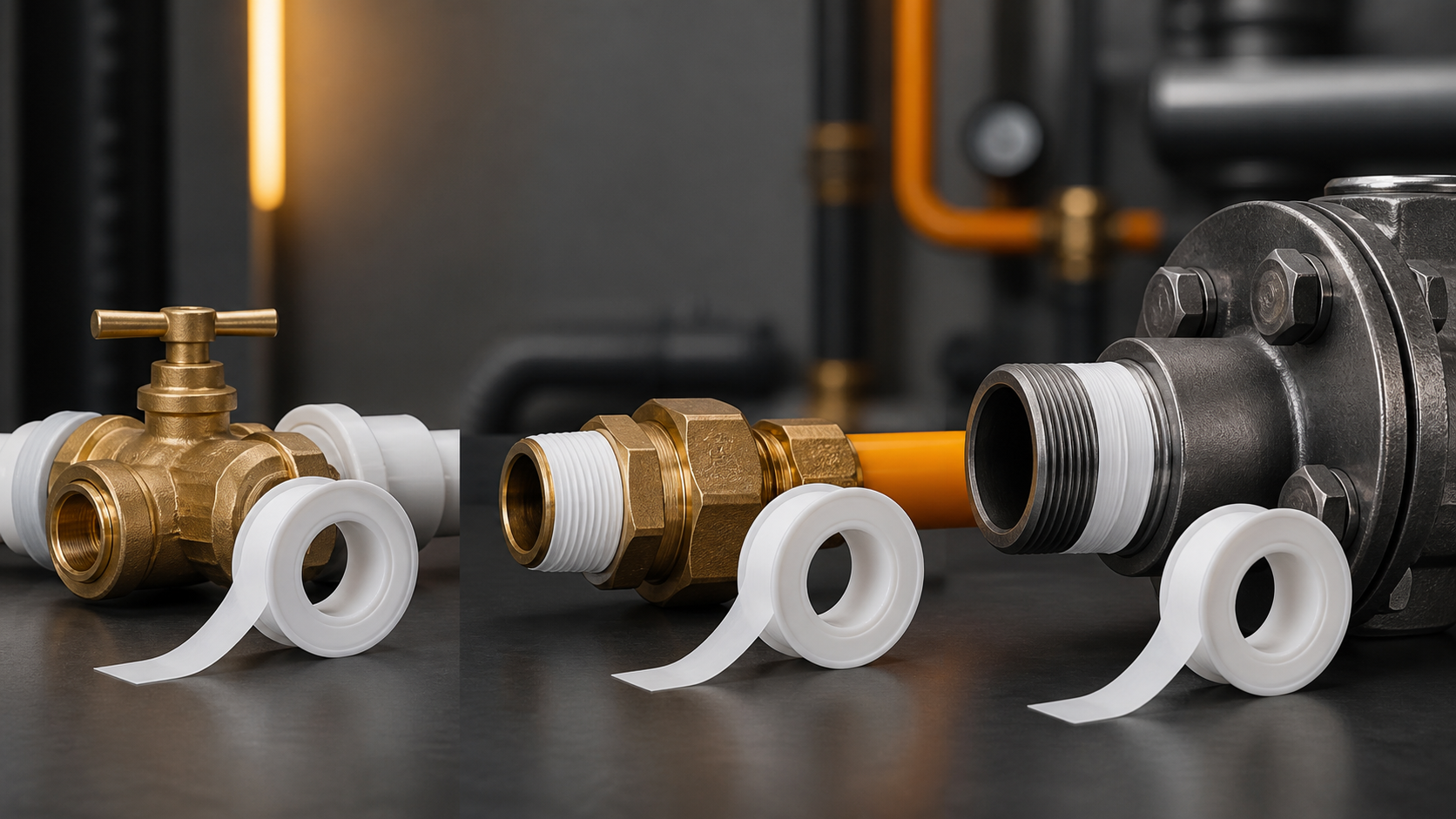 PTFE tape beside water gas and industrial threaded fittings