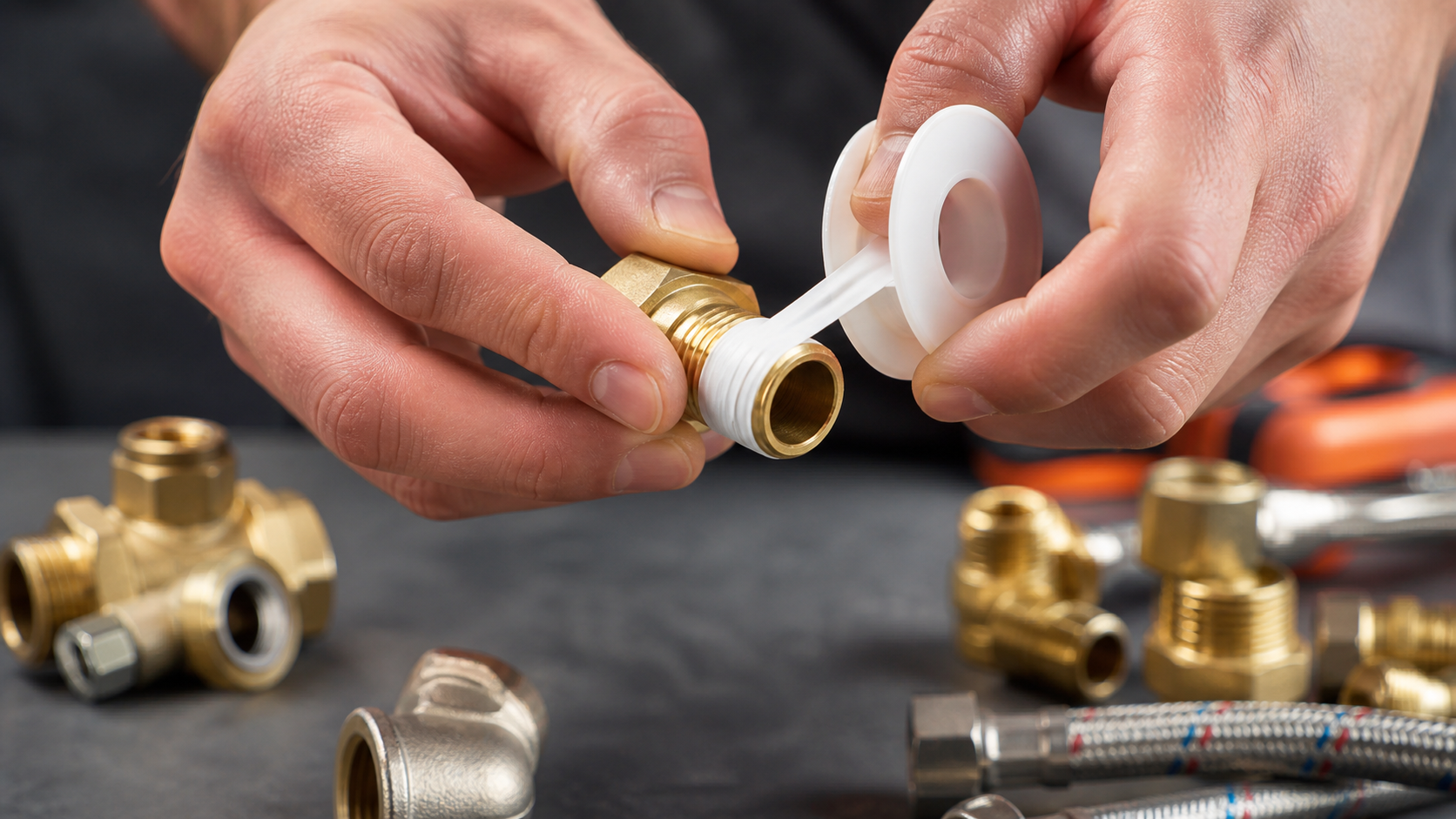 Teflon tape being applied correctly to brass pipe threads