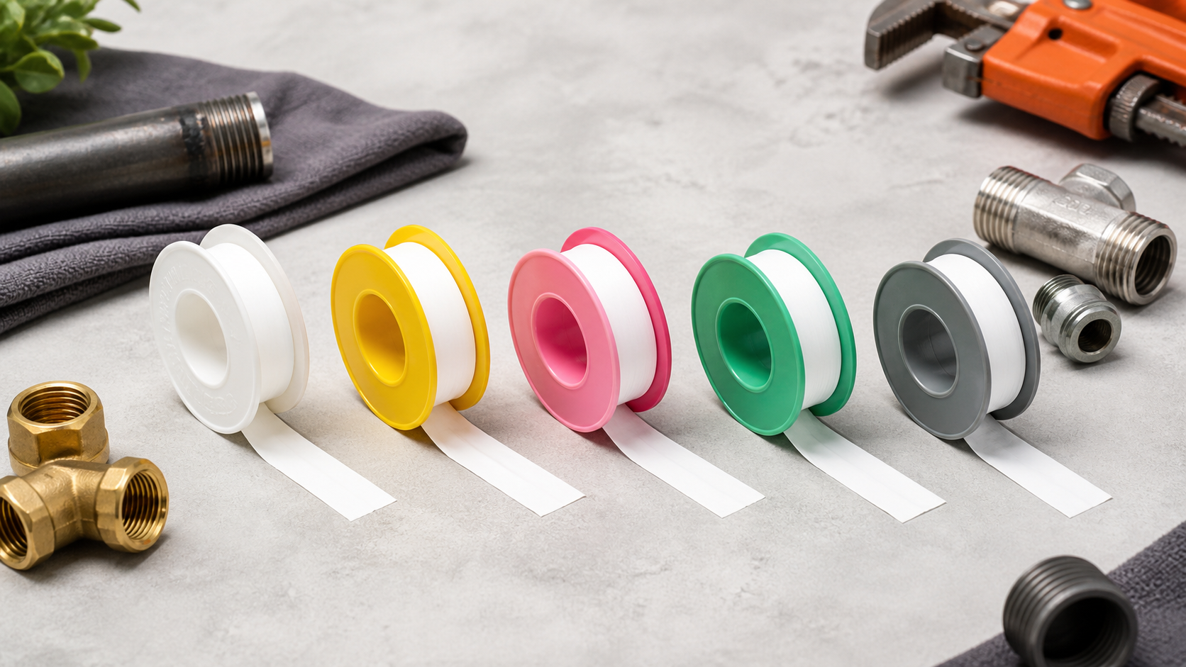 White yellow pink green and gray PTFE tape rolls
