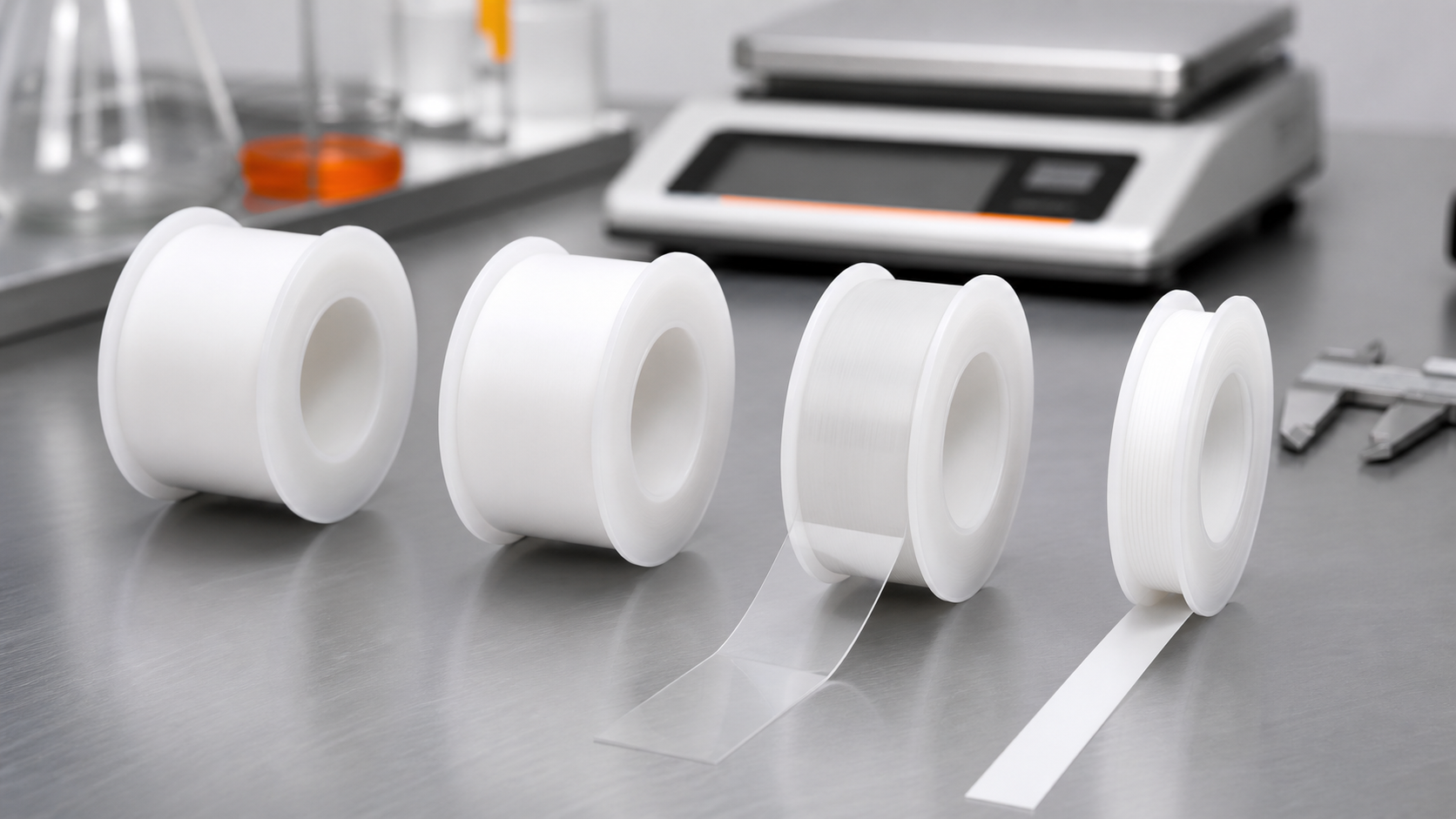 PTFE tape rolls of different densities on a quality-control bench